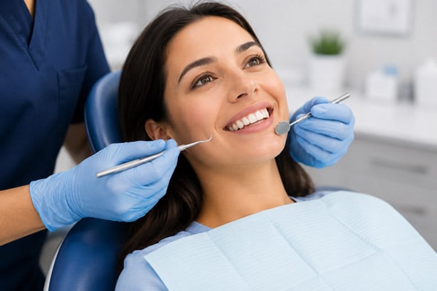 Patient receiving post-treatment home care instructions at a dental office