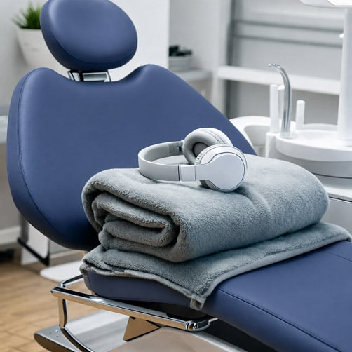 Dental chair and blanket representing comfort for patients with dental anxiety and fear