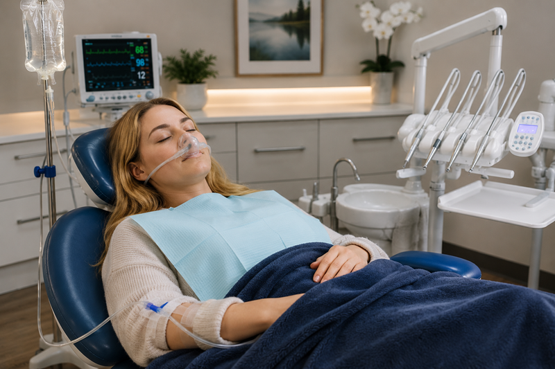 Patient receiving IV sedation during a dental procedure