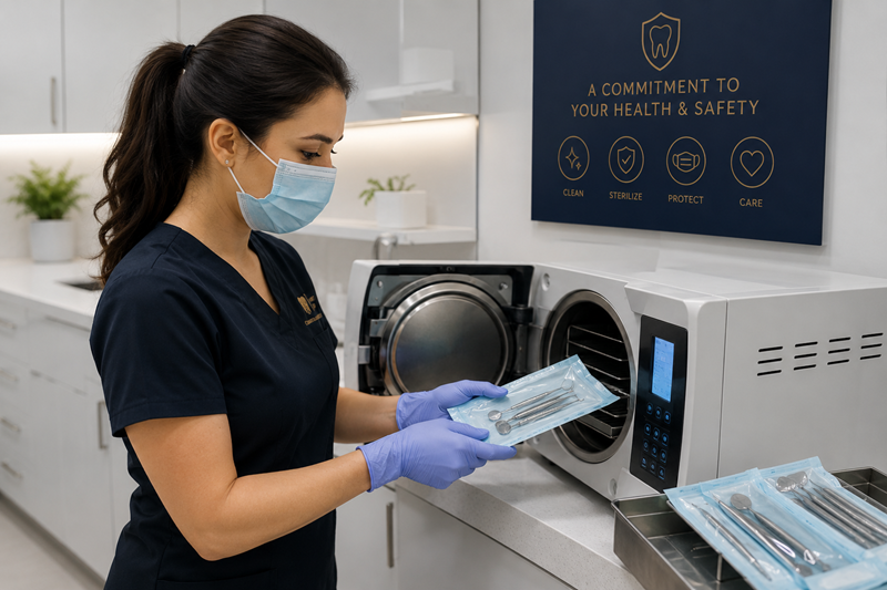 Dental team member following infection control and sterilization procedures in a modern dental office