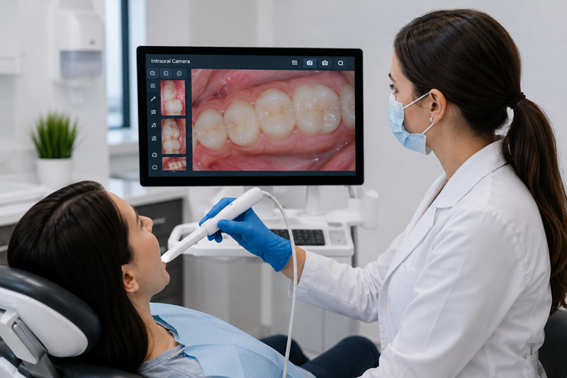 Dentist reviewing digital dental imaging and treatment planning with a patient