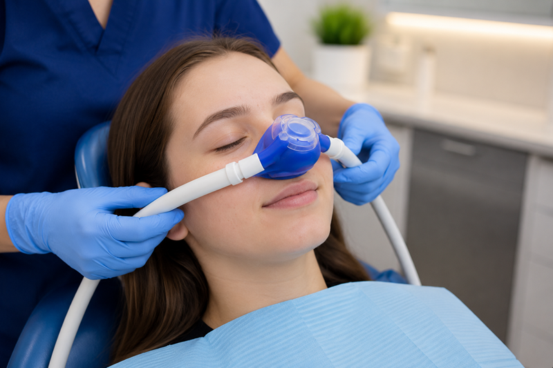 Patient receiving nitrous oxide sedation during dental treatment