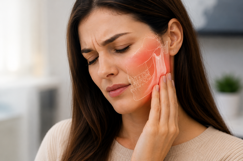 Woman experiencing jaw pain associated with TMJ disorder treatment