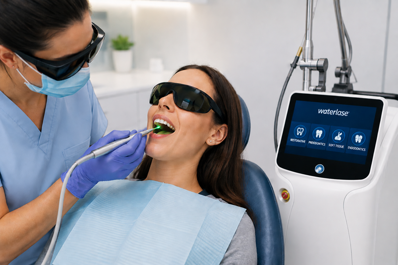 Patient receiving Waterlase laser dental treatment in a modern dental office