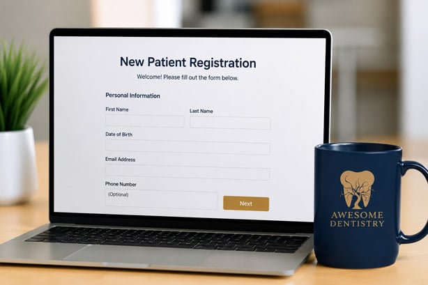 Online patient registration form displayed on a laptop for new dental patients